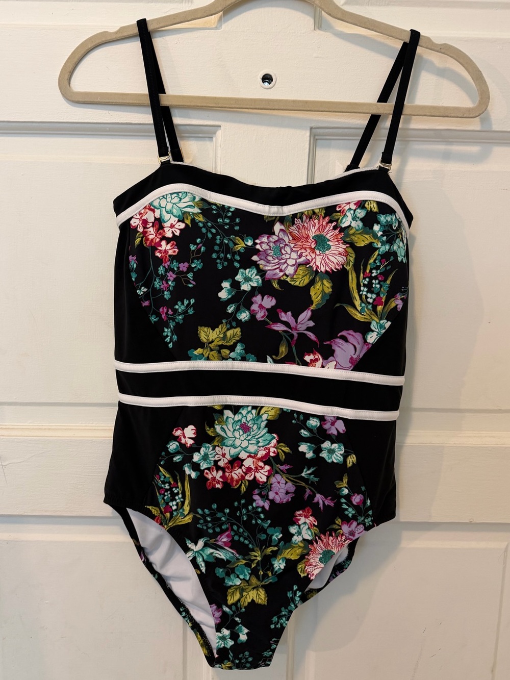 Land's End Retro Black Floral One-Piece Swimsuit with White Trim Sz 10